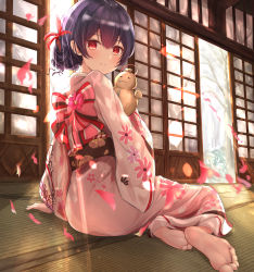 Rule 34 | 1girl, absurdres, barefoot, blush, closed mouth, feet, floral print, flower, from side, hair bun, hair flower, hair ornament, highres, idolmaster, idolmaster shiny colors, japanese clothes, kimono, long sleeves, looking at viewer, morino rinze, obi, petals, print kimono, red eyes, sash, single hair bun, sitting, sky cappuccino, smile, soles, solo, wide sleeves