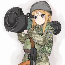 Rule 34 | 1girl, black eyes, black hat, blush, camouflage, closed mouth, commentary, english commentary, gloves, green gloves, gun, hair between eyes, hat, holding, holding rocket launcher, holding weapon, kalashnikov rifle, karuvo, long hair, long sleeves, man-portable anti-tank systems, military, military uniform, nlaw, orange hair, original, patch, rifle, rocket launcher, russo-ukrainian war, shoulder patch, solo, ukrainian flag, uniform, upper body, weapon