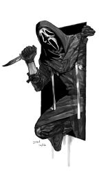 Rule 34 | 1boy, black gloves, blood, bloody knife, colored skin, cowl, dated, dead by daylight, ghostface, gloves, grey skin, greyscale, highres, holding, holding knife, holding weapon, hood, hood up, horror (theme), knife, looking at viewer, male focus, mask, monochrome, reverse grip, scream (movie), simple background, solo, vzivwinter, weapon, white background