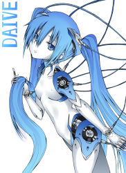 Rule 34 | 1girl, android, blue eyes, blue hair, cable, daive, hatsune miku, head tilt, highres, joints, long hair, mechanical parts, robot, robot joints, solo, twintails, vocaloid