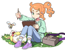 Rule 34 | 1girl, aged down, bag, closed mouth, commentary request, creatures (company), cutiefly, dede (qwea 00000), game freak, gen 7 pokemon, gen 8 pokemon, grass, green eyes, green sweater, hair ornament, hairclip, heart, heart hair ornament, holding, korean commentary, long hair, long sleeves, nintendo, one eye closed, orange hair, pants, pokemon, pokemon (creature), pokemon swsh, purple footwear, shoes, side ponytail, sketchbook, socks, sonia (pokemon), sweater, unworn bag, white background, white socks, yamper