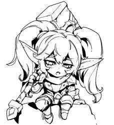 Rule 34 | 1girl, armor, armored boots, blush, boots, fang, gauntlets, greyscale, hammer, holding, holding hammer, holding weapon, league of legends, long hair, looking down, monochrome, open mouth, phantom ix row, poppy (league of legends), sad, simple background, sitting, solo, twintails, weapon, white background, yordle