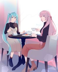 Rule 34 | 2girls, aqua eyes, aqua hair, black shirt, blue eyes, cafe, cake, chair, commentary, cup, food, fork, hatsune miku, highres, holding, holding cup, holding fork, light smile, long hair, looking at viewer, looking back, megurine luka, multiple girls, parted lips, pink hair, plate, red skirt, seica, shirt, sitting, skirt, table, teacup, teapot, twintails, twitter username, very long hair, vocaloid, window