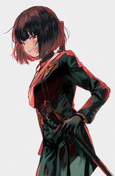 Rule 34 | 1girl, black gloves, black hair, blood, blood on face, brown shirt, coat, collared shirt, gloves, green coat, green pants, grey background, highres, limbus company, looking at viewer, medium hair, migishita, necktie, pants, project moon, red eyes, ryoshu (project moon), sheath, sheathed, shirt, simple background, smile, solo, sword, upper body, weapon, yellow necktie