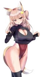 Rule 34 | 1girl, animal ears, annytf, black gloves, black sweater, black thighhighs, blush, breasts, brown eyes, cleavage, cleavage cutout, clothing cutout, commission, covered navel, cowboy shot, crop top, cropped sweater, fingerless gloves, fox ears, fox girl, fox tail, gloves, hanasaka houcha, heart cutout, highleg, highleg leotard, highres, indie virtual youtuber, large breasts, leotard, leotard under clothes, light brown hair, long hair, long sleeves, looking at viewer, one side up, open mouth, skeb commission, smile, solo, sweat, sweater, swept bangs, tail, thighhighs, tsurime, turtleneck, turtleneck sweater, virtual youtuber, wide hips