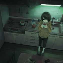 Rule 34 | 1girl, artist name, bag, black socks, bob cut, box, brown hair, cabinet, canister, capri pants, chair, commentary, cup, dark, drawer, drink, fluorescent lamp, from above, green eyes, grey footwear, hands on own chest, highres, holding, holding cup, holding drink, hood, hoodie, hot chocolate, kensight328, kitchen, kitchen hood, light, looking ahead, milk, mug, night, original, pants, plastic bag, pot, shopping bag, short hair, signature, sink, slippers, soap bottle, socks, solo, spatula, spoon, standing, stove, table, tile wall, tiles, white socks, yellow hoodie