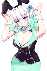 Rule 34 | 1girl, animal ears, arms up, blue eyes, blush, bow, bowtie, breasts, bunny garden, cgator, cleavage, collarbone, commentary, detached collar, english commentary, fake animal ears, gradient hair, green hair, grin, highres, indie virtual youtuber, large breasts, leotard, looking at viewer, medium hair, mint fantome, multicolored hair, playboy bunny, rabbit ears, rabbit pose, side ponytail, simple background, smile, solo, white background, white hair, wrist cuffs