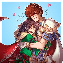 Rule 34 | 1boy, 1girl, armor, black hair, blue background, border, breastplate, brown eyes, brown hair, cape, closed eyes, commentary, commission, double-parted bangs, emphasis lines, english commentary, eyelashes, fingerless gloves, fire emblem, fire emblem: thracia 776, fire emblem heroes, fur-trimmed cape, fur trim, gloves, gold trim, grey trim, gzei, heart, highres, hug, leif (fire emblem), long hair, low-tied long hair, mareeta (astra awakened) (fire emblem), mareeta (fire emblem), nintendo, one eye closed, open mouth, pauldrons, red cape, short hair, shoulder armor, simple background, smile, teeth, two-sided cape, two-sided fabric, two-tone cape, upper teeth only, watermark, white border, white cape, white gloves