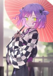 Rule 34 | 1girl, absurdres, black bow, black hakama, blush, bow, checkered clothes, checkered kimono, fishnet gloves, fishnets, from side, gloves, green eyes, grin, hair bow, hair ornament, hairclip, hakama, hakama skirt, highres, holding, holding umbrella, hololive, japanese clothes, kimono, long sleeves, looking at viewer, looking to the side, mr.lime, oil-paper umbrella, purple hair, short hair, skirt, smile, solo, standing, tokoyami towa, tokoyami towa (new year), two side up, umbrella, virtual youtuber, x hair ornament