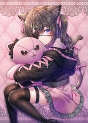 Rule 34 | 1girl, absurdres, animal ear fluff, animal ears, black jacket, black thighhighs, brown hair, cat ears, cat girl, cat tail, expressionless, eyepatch, frilled hood, frilled skirt, frills, heart, heart eyepatch, highres, hood, hood down, hooded jacket, hugging doll, hugging object, jacket, jirai kei, long sleeves, looking at viewer, medium hair, miniskirt, off shoulder, original, pink skirt, purple eyes, routo (rot 0), shirt, skirt, stuffed animal, stuffed toy, tail, thigh strap, thighhighs, two side up, white shirt