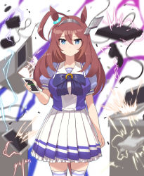 Rule 34 | ahoge, animal ears, blue eyes, blurry, blurry background, breasts, brown hair, cellphone, collarbone, computer, electricity, game console, hair between eyes, highres, horse ears, laptop, large breasts, looking at viewer, mihono bourbon (umamusume), phone, school uniform, simple background, standing, tadano magu, tracen school uniform, umamusume, white background, wire