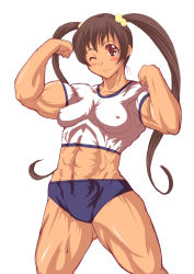 Rule 34 | 1girl, abs, absurdres, biceps, breasts, buruma, female focus, flexing, highres, muscular, simple background, solo, twintails, white background