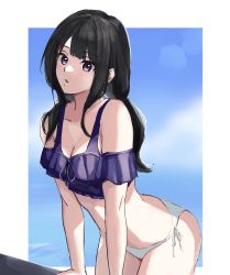 Rule 34 | 1girl, absurdres, bikini, black hair, breasts, cleavage, commentary request, dot nose, highres, idolmaster, idolmaster shiny colors, kazano hiori, long hair, mole, mole under mouth, off-shoulder bikini, off shoulder, open mouth, panties, purple eyes, side-tie panties, swimsuit, underwear, world create
