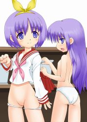 Rule 34 | 00s, 2girls, ass, back, blue eyes, highres, hiiragi kagami, hiiragi tsukasa, long hair, looking back, lucky star, multiple girls, open mouth, panties, panty pull, pleated skirt, purple hair, pussy, school uniform, short hair, siblings, sisters, skirt, standing, tagme, thighs, tongue, topless, twins, underwear