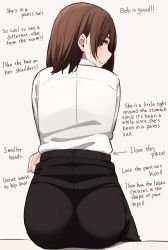 Rule 34 | 1girl, absurdres, alternate language, arrow (symbol), ass, black pants, blush, bob cut, brown eyes, brown hair, closed mouth, earrings, english text, from behind, grey background, highres, jewelry, kapatarou, looking at viewer, looking back, original, pants, shirt, simple background, smile, solo, stud earrings, thick eyebrows, white shirt