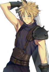 Rule 34 | 1boy, absurdres, arm behind head, armor, belt, blonde hair, blue eyes, blue shirt, blush, buster sword, cloud strife, cowboy shot, etaa89, final fantasy, final fantasy vii, final fantasy vii remake, gloves, highres, looking at viewer, male focus, multiple belts, shirt, short hair, shoulder armor, sleeveless, sleeveless turtleneck, solo, spiked hair, square enix, suspenders, turtleneck, weapon, weapon on back, white background