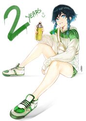Rule 34 | 1boy, absurdres, aqua hair, black hair, blue eyes, braid, can, full body, genshin impact, gradient hair, green jacket, green shorts, highres, holding, holding can, j. artur, jacket, long sleeves, looking at viewer, male focus, multicolored clothes, multicolored hair, multicolored jacket, parted lips, shoes, short hair with long locks, short shorts, shorts, sidelocks, signature, sitting, smile, sneakers, solo, spray paint, trap, twin braids, two-tone jacket, venti (genshin impact), white background, white jacket