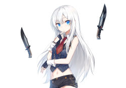 Rule 34 | 1girl, bare shoulders, black gloves, black shorts, blue eyes, blue shirt, closers, combat knife, cowboy shot, crop top, detached collar, finger to own chin, fingerless gloves, floating, floating object, gloves, highres, knife, long hair, looking at viewer, midriff, nanaya (nnytwr), navel, necktie, parted lips, seulbi lee, shirt, short necktie, short shorts, shorts, sidelocks, simple background, sleeveless, sleeveless shirt, solo, striped clothes, striped shirt, weapon, white background, white hair, wing collar, wrist cuffs
