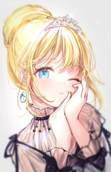 Rule 34 | black dress, blonde hair, blue eyes, blush, dress, hair bun, hand on own face, highres, hololive, hololive english, looking at viewer, medium hair, official alternate costume, one eye closed, puracotte, short hair, simple background, single hair bun, solo, tiara, virtual youtuber, watson amelia, watson amelia (party dress), white background