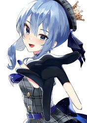 Rule 34 | 1girl, absurdres, back bow, belt, black choker, black gloves, blue eyes, blue hair, blue nails, blue neckwear, bow, choker, commentary request, crown, earrings, foreshortening, gloves, grey hat, grey shirt, hat, highres, hololive, hoshimachi suisei, hoshimachi suisei (1st costume), jewelry, long hair, looking at viewer, mini crown, nail polish, open mouth, partially fingerless gloves, plaid, plaid headwear, plaid shirt, reaching, reaching towards viewer, shirt, simple background, smile, solo, star (symbol), star earrings, ukei, upper body, virtual youtuber, white background