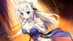 Rule 34 | 1girl, :o, blush, breasts, bridal gauntlets, cleavage, detached collar, dress, eyebrows hidden by hair, female focus, from above, game cg, green eyes, hand on own chest, hand up, haruoto alice gram, indoors, kanzaki erisa, large breasts, light rays, long hair, looking at viewer, mitha, open mouth, original, solo, standing, white hair
