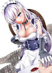 Rule 34 | 1girl, azur lane, bare shoulders, belfast (azur lane), blue eyes, blush, braid, breasts, chain, cleavage, collar, collarbone, commentary request, cup, elbow gloves, french braid, gloves, large breasts, long hair, looking at viewer, maid, maid headdress, shirosuzu, silver hair, simple background, sitting, smile, transparent background, white background
