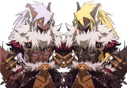 Rule 34 | 2boys, black cape, blonde hair, brown pants, cape, chain, commentary request, cowboy shot, dagger, earrings, emon-yu, fur-trimmed cape, fur collar, fur trim, furrification, furry, furry male, hair between eyes, jewelry, knife, long hair, looking at viewer, male focus, mirror image, multiple boys, pants, ragnarok online, red eyes, shadow chaser (ragnarok online), shrug (clothing), simple background, tongue, tongue out, waist cape, weapon, white background, white hair