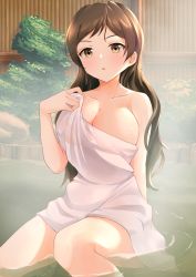 Rule 34 | 1girl, :o, absurdres, b1ack illust, blush, breasts, brown hair, cleavage, collarbone, covered erect nipples, highres, idolmaster, idolmaster million live!, kitazawa shiho, large breasts, long hair, looking at viewer, naked towel, onsen, sitting, solo, towel, very long hair