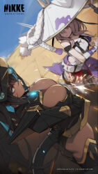 Rule 34 | 2girls, artist request, ass, battle, black hair, breasts, brown eyes, brown hair, closed mouth, commentary, cropped, crossed arms, dark-skinned female, dark skin, day, dress, english commentary, goddess of victory: nikke, hat, highres, holding, holding sword, holding weapon, indivilia (nikke), katana, large breasts, leaning forward, long hair, multiple girls, official art, red eyes, scarlet (nikke), second-party source, standing, sword, tail, weapon, white dress