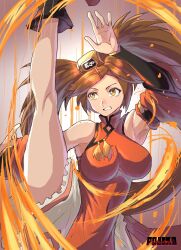 Rule 34 | 1girl, bare shoulders, boots, breasts, brown hair, chikoinochi, china dress, chinese clothes, detached sleeves, dress, guilty gear, hair ornament, hairclip, highres, kicking, kuradoberi jam, large breasts, leg up, long hair, one leg raised, skirt, solo, thighs, yellow eyes