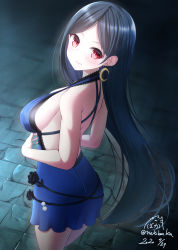 Rule 34 | 1girl, bare arms, bare shoulders, black flower, black hair, black rose, blue dress, blush, breasts, closed mouth, commentary request, crescent, crescent earrings, dated, dress, earrings, final fantasy, final fantasy vii, flower, highres, jewelry, large breasts, long hair, looking at viewer, looking to the side, nekobaka, red eyes, rose, sideboob, signature, sleeveless, sleeveless dress, smile, solo, standing, tifa lockhart, tifa lockhart (refined dress), twitter username, very long hair, wall market
