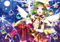Rule 34 | 1girl, bad id, bad pixiv id, dress, female focus, gradient background, green eyes, green hair, gumi, hat, leggings, matching hair/eyes, open mouth, ornament, outdoors, pantyhose, sazanami shione, short hair, short hair with long locks, sky, snowman, solo, vocaloid, wings