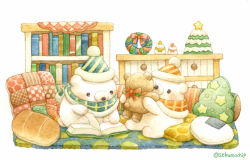 Rule 34 | bear, book, bookshelf, christmas, christmas wreath, holding, holding stuffed toy, no humans, open book, original, polar bear, sitting, st.kuma, stuffed animal, stuffed toy, teddy bear, twitter username, wreath