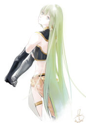 Rule 34 | 1other, black gloves, black tube top, closed mouth, collar, cropped legs, earrings, elbow gloves, enkidu (fate), enkidu (talk of the hot sands) (fate), fate/grand order, fate (series), from behind, gloves, green hair, grey eyes, head tilt, interlocked fingers, jewelry, long hair, looking at viewer, looking back, mizutame tori, official alternate costume, signature, simple background, solo, strapless, stretching, tube top, very long hair, white background