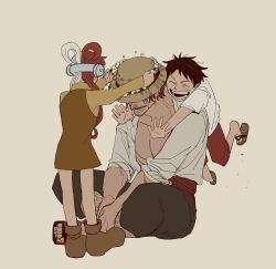 Rule 34 | 1girl, 2boys, aged down, bare legs, black hair, closed eyes, commentary, facial hair, full body, hair rings, hat, headphones, highres, indian style, l2vxugjvw8t4tqo, long hair, monkey d. luffy, multicolored hair, multiple boys, muted color, one piece, one piece film: red, open mouth, red hair, shanks (one piece), shirt, short hair, simple background, sitting, smile, split-color hair, straw hat, teeth, two-tone hair, uta (one piece), white hair, white shirt