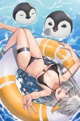 Rule 34 | 1girl, :d, absurdres, bikini, bird, black bikini, breasts, cleavage, commission, empress (last origin), feet out of frame, front-tie bikini top, front-tie top, grey hair, highres, innertube, large breasts, last origin, long hair, looking at viewer, lying, nanni jjang, navel, on back, open mouth, penguin, purple eyes, smile, soaking feet, solo, stomach, swim ring, swimsuit, thigh strap, thighs, v, water