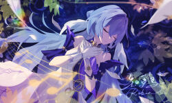Rule 34 | 1girl, bare shoulders, blue hair, character name, chinese commentary, closed eyes, commentary request, detached sleeves, dress, gloves, hair intakes, hands up, highres, honkai: star rail, honkai (series), musical note, own hands together, robin (honkai: star rail), seele 05, short sleeves, solo, staff (music), strapless, strapless dress, white dress, white gloves