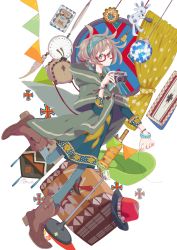 Rule 34 | 1girl, absurdres, alcohol, artist name, bad id, bad pixiv id, bandana, blue dress, boots, bottle, brown hair, camera, chair, cloak, cup, curtains, denim, drawing (object), dream catcher, dress, drinking glass, dutch angle, ear piercing, earrings, glasses, green cloak, highres, hood, hood down, hooded cloak, jeans, jewelry, jose cuervo, leather, leather boots, long sleeves, looking to the side, mexico, original, pants, picture frame, piercing, pouch, red-framed eyewear, ring, semi-rimless eyewear, short hair, shot glass, solo, sorata123, standing, standing on one leg, tequila, typo, wristband, yellow eyes