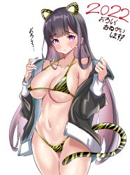 Rule 34 | 1girl, 2022, absurdres, animal ears, bad id, bad pixiv id, bare shoulders, bikini, black hair, black jacket, blunt bangs, blush, bra, breasts, cleavage, collarbone, cowboy shot, ekida sukinoko5545, extra ears, forehead, hair over shoulder, highres, jacket, large breasts, long sleeves, midriff, mixed-language commentary, multicolored hair, nail polish, navel, off shoulder, original, panties, pink eyes, purple hair, purple nails, shiny skin, simple background, solo, striped bra, striped clothes, striped panties, sweatdrop, swimsuit, tail, thighs, tiger ears, tiger tail, translated, two-tone hair, underwear, white background, ||/