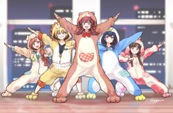 Rule 34 | 5girls, :d, animal costume, animal hood, arisugawa natsuha, bear hood, blurry, building, depth of field, dog hood, full body, gojarun, grin, group picture, hamster hood, highres, hood, houkago climax girls (idolmaster), idolmaster, idolmaster shiny colors, komiya kaho, lion hood, looking at viewer, morino rinze, multiple girls, night, night sky, open mouth, outstretched arm, outstretched arms, pajamas, partially unzipped, penguin hood, saijo juri, sky, smile, sonoda chiyoko, zipper