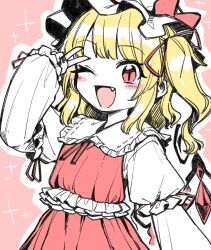 Rule 34 | 1girl, ;d, blonde hair, blush, commentary request, crystal, fang, flandre scarlet, hat, highres, layered sleeves, long sleeves, looking at viewer, mob cap, one eye closed, one side up, oninamako, open mouth, pink background, red eyes, red skirt, red vest, short over long sleeves, short sleeves, simple background, skirt, slit pupils, smile, solo, touhou, v, vest, white hat, wings