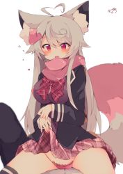 Rule 34 | 1girl, ahoge, animal ear fluff, animal ears, blush, bow, clothes lift, commentary request, green hair, hair between eyes, highres, jacket, lifted by self, long hair, long sleeves, muuran, open mouth, original, panties, plaid, plaid bow, plaid skirt, red bow, red eyes, scarf, sitting, sitting on person, skirt, skirt lift, solo focus, tail, teeth, underwear, very long hair, white background