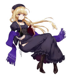 Rule 34 | 1girl, arisaka ako, black dress, blonde hair, blunt bangs, blush, book, boots, breasts, closed mouth, collarbone, corset, cross-laced footwear, dress, fringe trim, full body, hat, high heel boots, high heels, highres, holding, holding book, juliet sleeves, long hair, long sleeves, looking at viewer, original, puffy sleeves, purple eyes, purple scarf, scarf, sidelocks, simple background, sitting, skirt, small breasts, solo, tsurime, white background