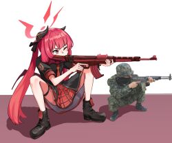Rule 34 | 1boy, 1girl, arca.live (website), army, bare legs, blue archive, gun, halo, helmet, highres, horns, junko (blue archive), looking at another, photo (medium), red hair, red halo, second-party source, simple background, squatting, twintails, weapon, white background, yudeul
