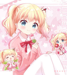 Rule 34 | 1girl, 3kmochin, alice cartelet, alternate costume, blonde hair, blue eyes, blush, bow, character name, chibi, closed mouth, dango, dot nose, english text, female focus, flower, food, hair ornament, highres, holding, kin-iro mosaic, looking at viewer, medium hair, musical note, open mouth, pink sweater, school uniform, sitting, smile, sweater, thighhighs, wagashi, white thighhighs
