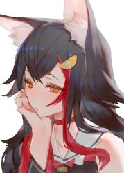 Rule 34 | 1girl, animal ear fluff, animal ears, bare shoulders, black hair, blush, choker, collarbone, commentary, detached sleeves, hair ornament, hairclip, head on hand, hololive, izumi sai, long hair, nose blush, ookami mio, ookami mio (1st costume), parted lips, portrait, red choker, red hair, simple background, sketch, solo, virtual youtuber, white background, wolf ears, yellow eyes
