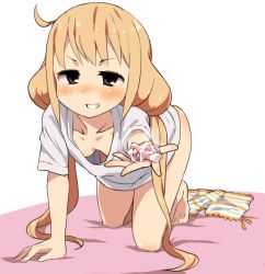 Rule 34 | 10s, 1girl, all fours, assertive female, barefoot, bike shorts, blonde hair, blush, bottomless, breasts, brown eyes, downblouse, embarrassed, extended downblouse, futaba anzu, giving, grin, hanging breasts, holding, holding clothes, holding panties, holding underwear, idolmaster, idolmaster cinderella girls, long hair, mirakichi, naked shirt, naughty face, panties, shirt, shorts, small breasts, smile, solo, striped bike shorts, striped clothes, striped panties, t-shirt, twintails, underwear, unworn panties, unworn shorts, very long hair