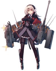 Rule 34 | 1girl, blonde hair, bow, buttons, cannon, capelet, crossed arms, full body, grin, hair bow, hair ornament, hairclip, heiwari kanade, jacket, lights, looking at viewer, mecha musume, official art, pantyhose, panzer waltz, personification, pleated skirt, red eyes, skirt, smile, smug, solo, tail, thigh strap, tiger (early henschel) (panzer waltz), transparent background, turret, white hair