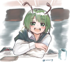 Rule 34 | 1girl, antennae, artist name, black cape, blush, cape, collared shirt, commentary request, crossed arms, cup, ginnkei, green eyes, green hair, long sleeves, looking at viewer, medium bangs, mug, open mouth, shirt, short hair, signature, smile, solo, touhou, twitter username, upper body, white shirt, wriggle day, wriggle nightbug