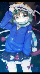 Rule 34 | 1girl, adapted costume, bad id, bad pixiv id, green eyes, green hair, hat, hat ribbon, highres, jacket, letterboxed, looking at viewer, matching hair/eyes, ribbon, satomachi, scarf, shiki eiki, shirt, skirt, smile, solo, thighhighs, touhou, white thighhighs, winter clothes, zettai ryouiki